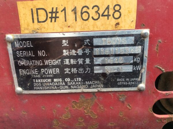 Takeuchi TB016 Mini Excavator - Image 13